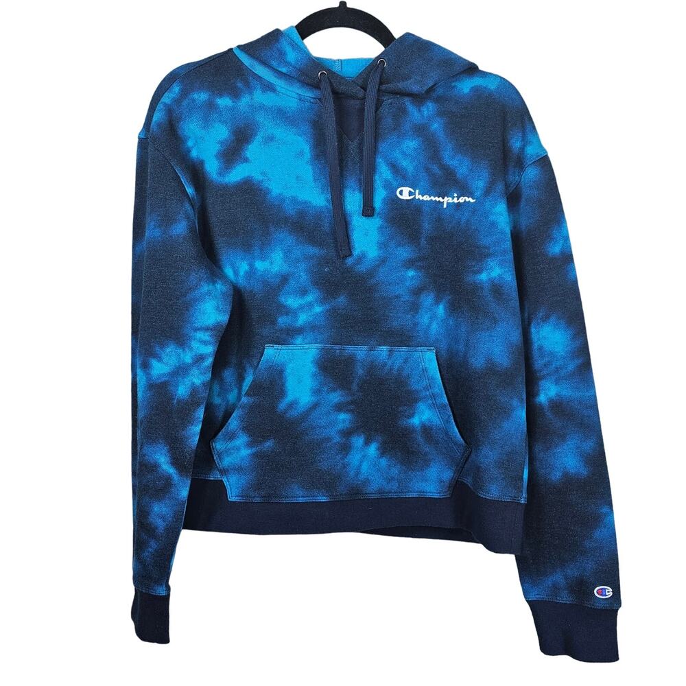 Champion Womens M Blue Tie Dye Pullover Hoodie Embroidered Spellout Logo Pockets